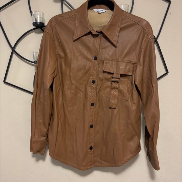 Tin Tin Faux / Vegan Leather Button Up Long Sleeve Brown Shirt w/ Pockets M - Picture 1 of 8